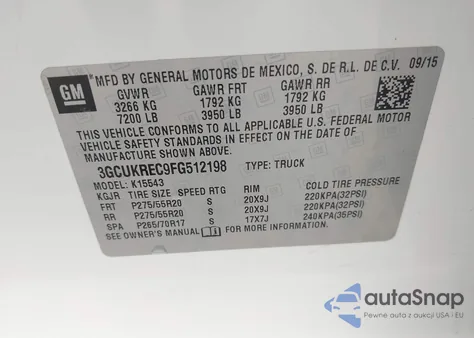 2015 Chevrolet Silverado 1500 2Lt z USA, uszkodzony, nr VIN 3GCUKREC9FG512198